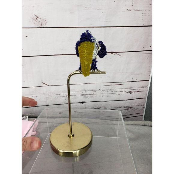 Opal House Blue & White Beaded Bead 8.5" Toucan‎ Figurine Gold Tone perch Stand - Picture 9 of 10